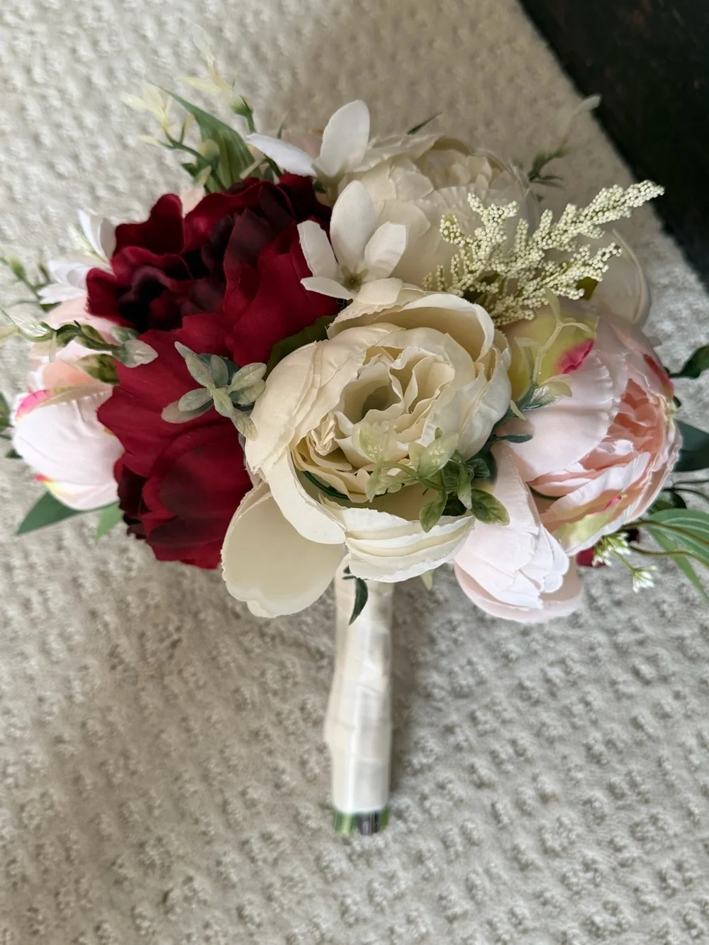 Silk Bridal/Bridesmaid Bouquet - Ivory, Blush & Burgundy Floral Arrangement
